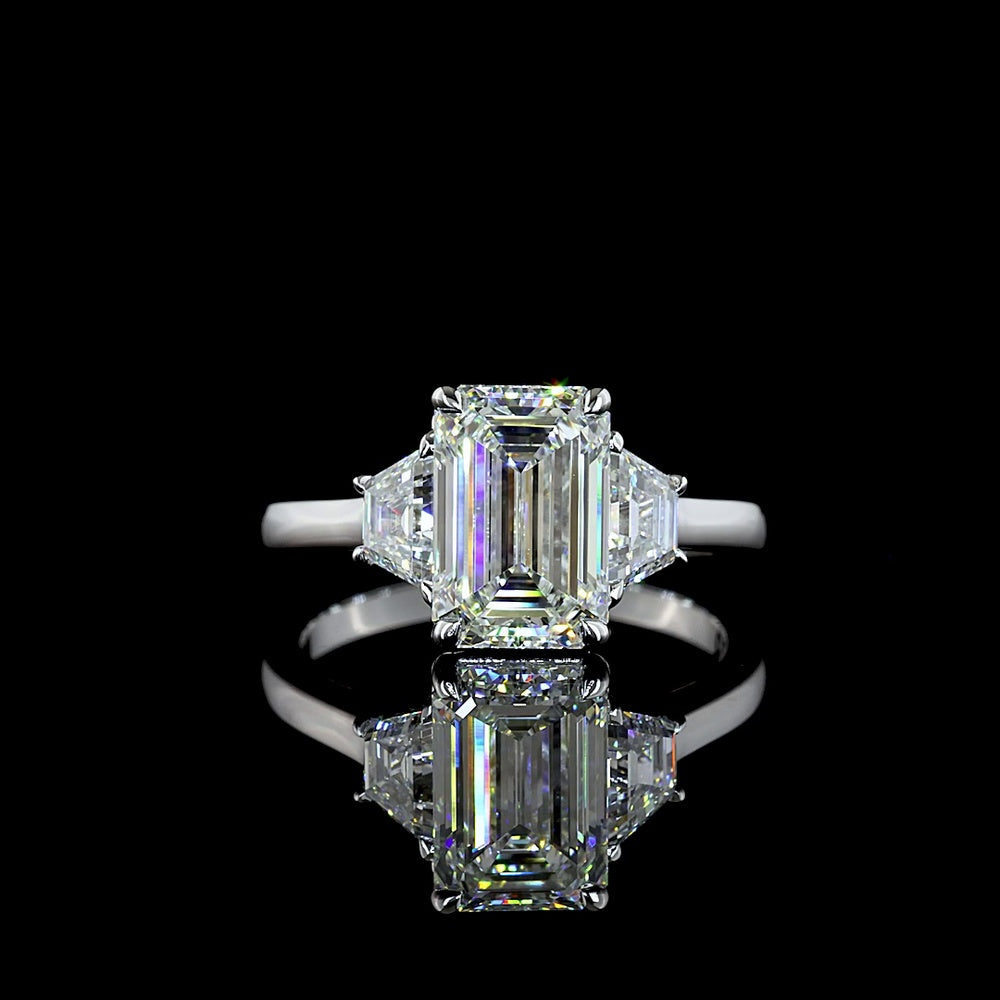 14K White Gold 3 Stone Ring with 2.75 Carats Emerald Cut Lab Diamond and 0.73 Carats Trapezoid Side Stones - 3.48 Carats Total Diamond Weight - Covaloro Fine Jewelry