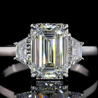 14K White Gold 3 Stone Ring with 2.75 Carats Emerald Cut Lab Diamond and 0.73 Carats Trapezoid Side Stones - 3.48 Carats Total Diamond Weight - Covaloro Fine Jewelry