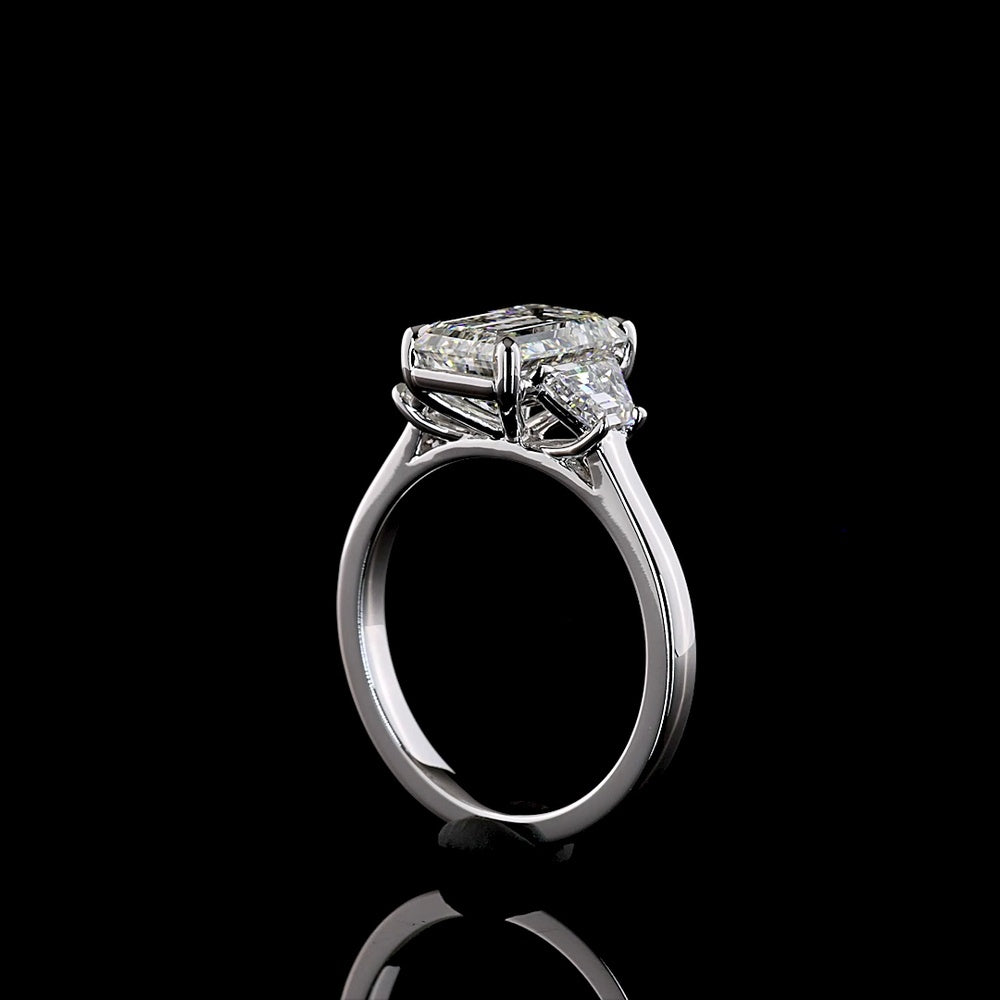 14K White Gold 3 Stone Ring with 2.75 Carats Emerald Cut Lab Diamond and 0.73 Carats Trapezoid Side Stones - 3.48 Carats Total Diamond Weight - Covaloro Fine Jewelry