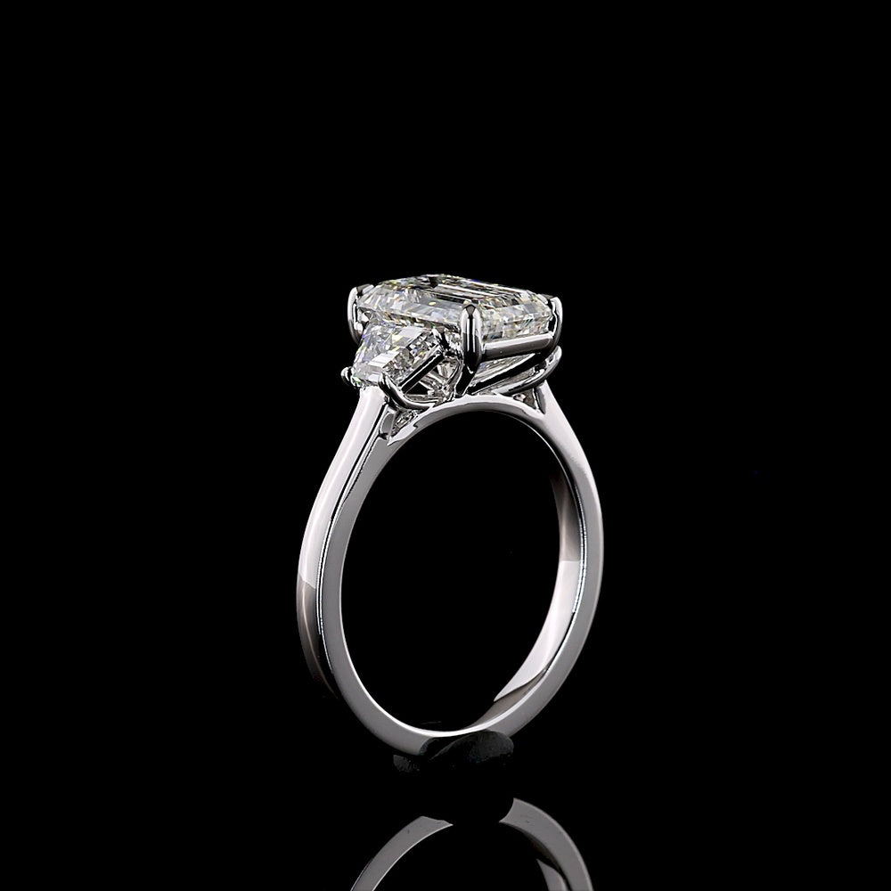 14K White Gold 3 Stone Ring with 2.75 Carats Emerald Cut Lab Diamond and 0.73 Carats Trapezoid Side Stones - 3.48 Carats Total Diamond Weight - Covaloro Fine Jewelry