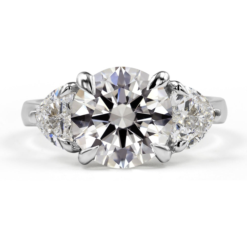 14K White Gold 3-Stone Ring with 3.00 Carats Round Brilliant Lab Diamond and 1.12 Carats Heart-Shape Lab Diamonds - 4.12 Carats Total Diamond Weight - Covaloro Fine Jewelry