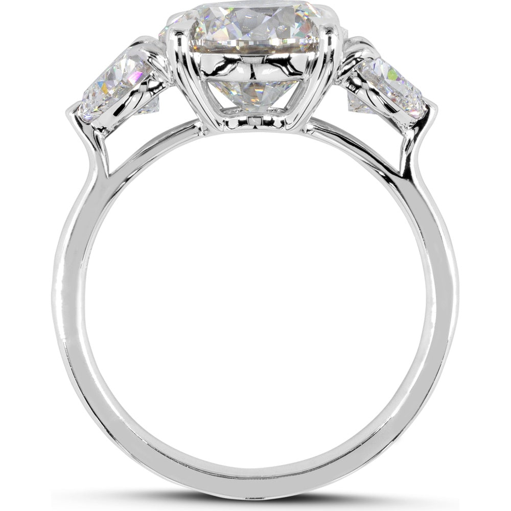 14K White Gold 3-Stone Ring with 3.00 Carats Round Brilliant Lab Diamond and 1.12 Carats Heart-Shape Lab Diamonds - 4.12 Carats Total Diamond Weight - Covaloro Fine Jewelry