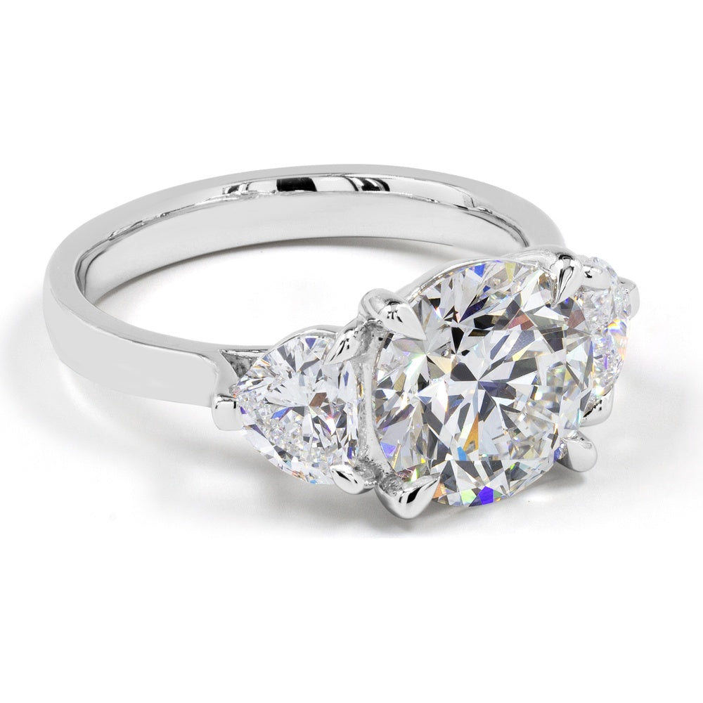 14K White Gold 3-Stone Ring with 3.00 Carats Round Brilliant Lab Diamond and 1.12 Carats Heart-Shape Lab Diamonds - 4.12 Carats Total Diamond Weight - Covaloro Fine Jewelry