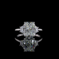 14K White Gold 3 Stone Ring with 3.02 Carat Radiant Cut Lab Diamond and Trapezoid Side Stones - 3.82 Carat Total Diamond Weight - Covaloro Fine Jewelry