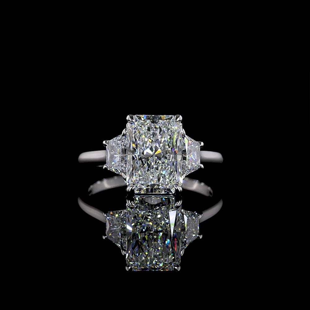 14K White Gold 3 Stone Ring with 3.02 Carat Radiant Cut Lab Diamond and Trapezoid Side Stones - 3.82 Carat Total Diamond Weight - Covaloro Fine Jewelry