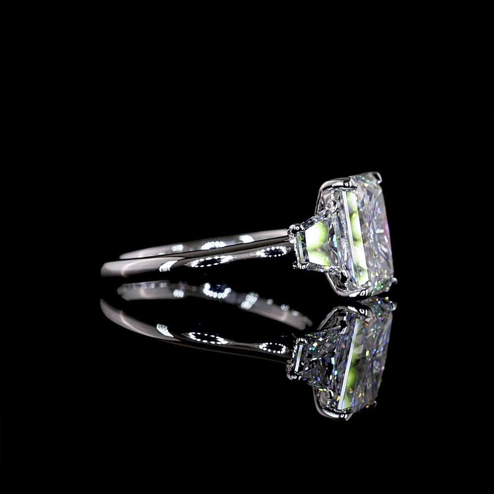 14K White Gold 3 Stone Ring with 3.02 Carat Radiant Cut Lab Diamond and Trapezoid Side Stones - 3.82 Carat Total Diamond Weight - Covaloro Fine Jewelry