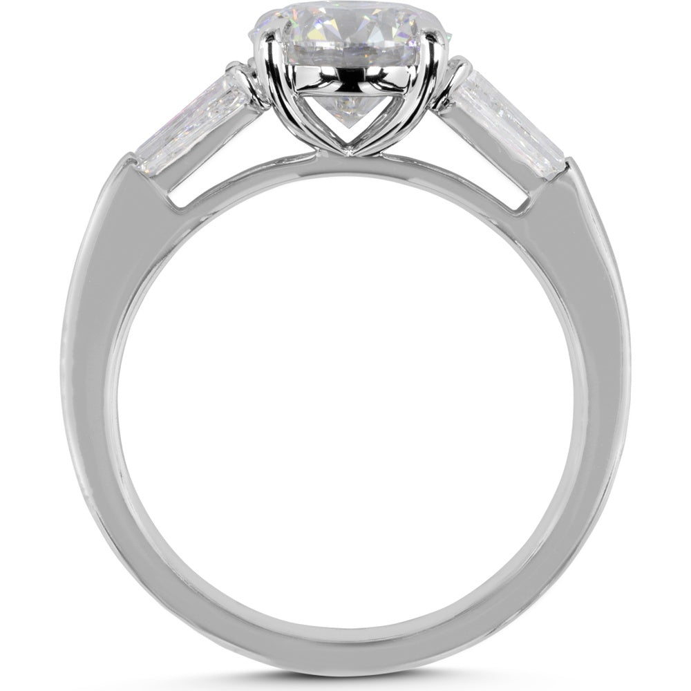 14K White Gold 3 Stone Ring with 3.04 Carat Round Brilliant Cut Lab Diamond and Tapered Baguette Side Stones - 3.77 Carat Total Weight - Covaloro Fine Jewelry