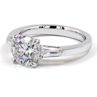 14K White Gold 3 Stone Ring with 3.04 Carat Round Brilliant Cut Lab Diamond and Tapered Baguette Side Stones - 3.77 Carat Total Weight - Covaloro Fine Jewelry