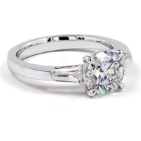 14K White Gold 3 Stone Ring with 3.04 Carat Round Brilliant Cut Lab Diamond and Tapered Baguette Side Stones - 3.77 Carat Total Weight - Covaloro Fine Jewelry