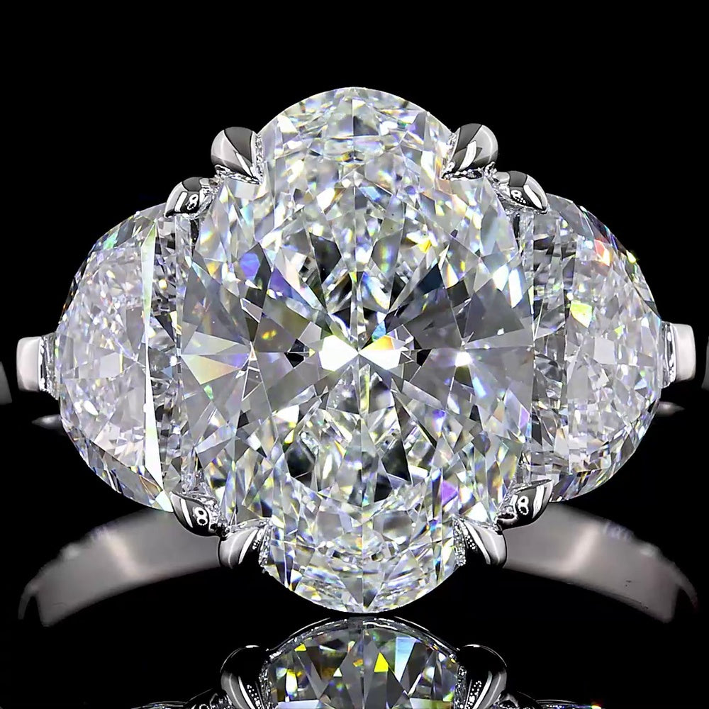 14K White Gold 3-Stone Ring with 3.05 Carats Oval Lab Diamond and Half-Moon Side Stones - 4.28 Carats Total Diamond Weight - Covaloro Fine Jewelry