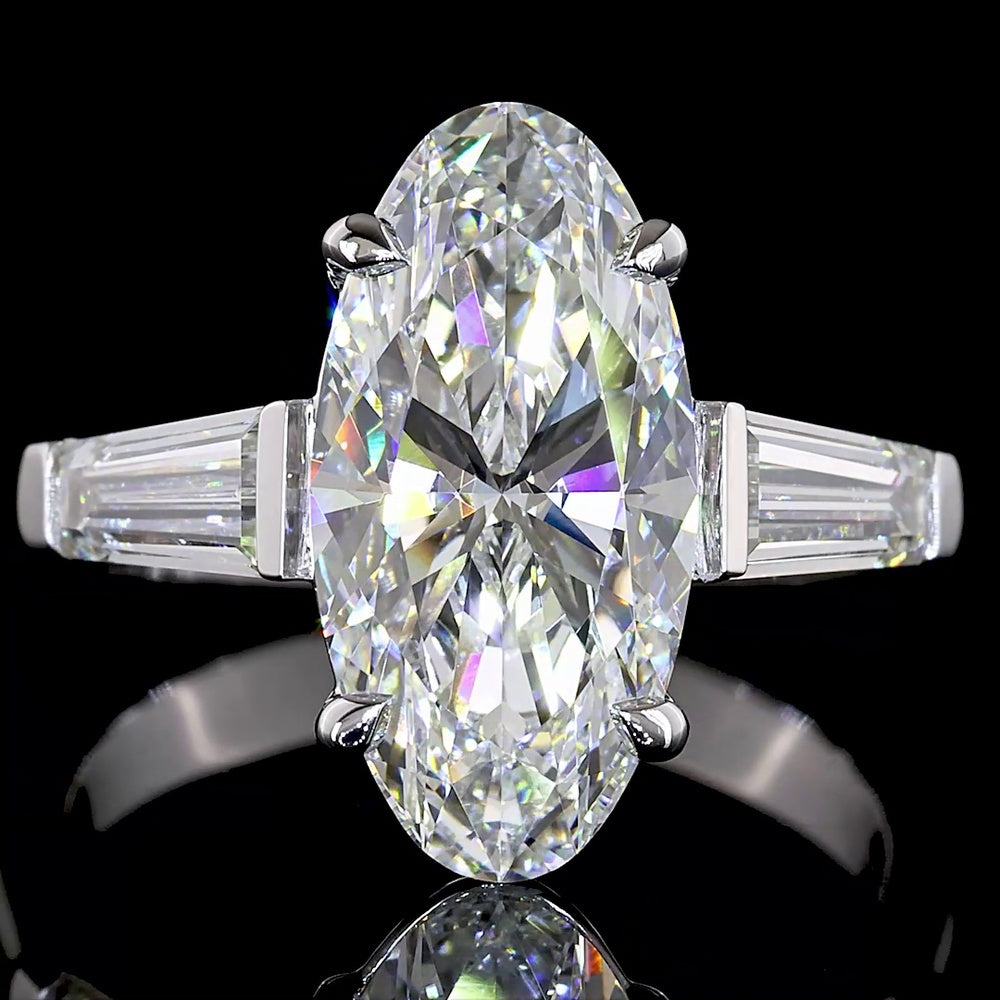 14K White Gold 3 Stone Ring with 3.06 Carat Moval Cut Lab Diamond and 0.96 Carat Tapered Baguette Lab Diamonds - 4.02 Carat Total Diamond Weight - Covaloro Fine Jewelry
