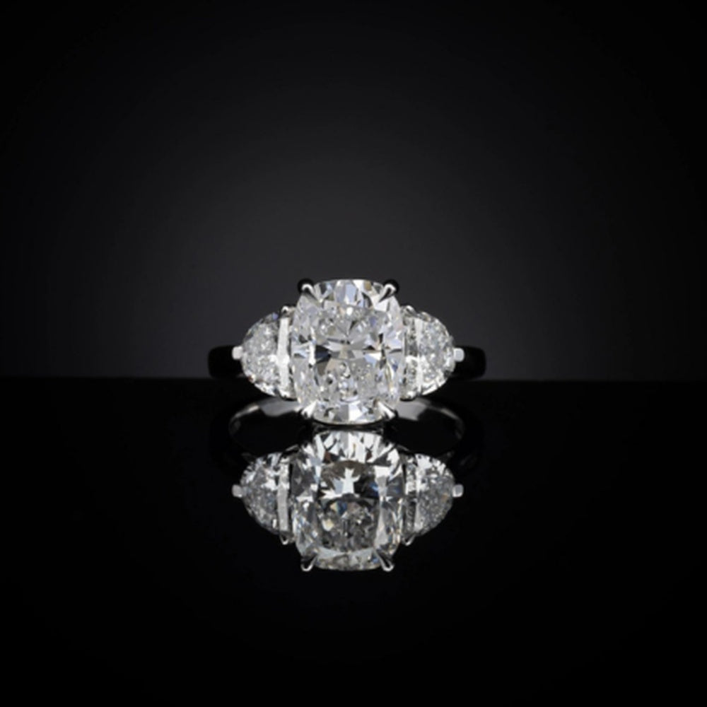 14K White Gold 3-Stone Ring with 4.06 Carat Cushion Modified Lab Diamond and 0.73 Carat Half-Moon Lab Diamonds - 4.79 Carat Total Weight, GIA Certified - Covaloro Fine Jewelry