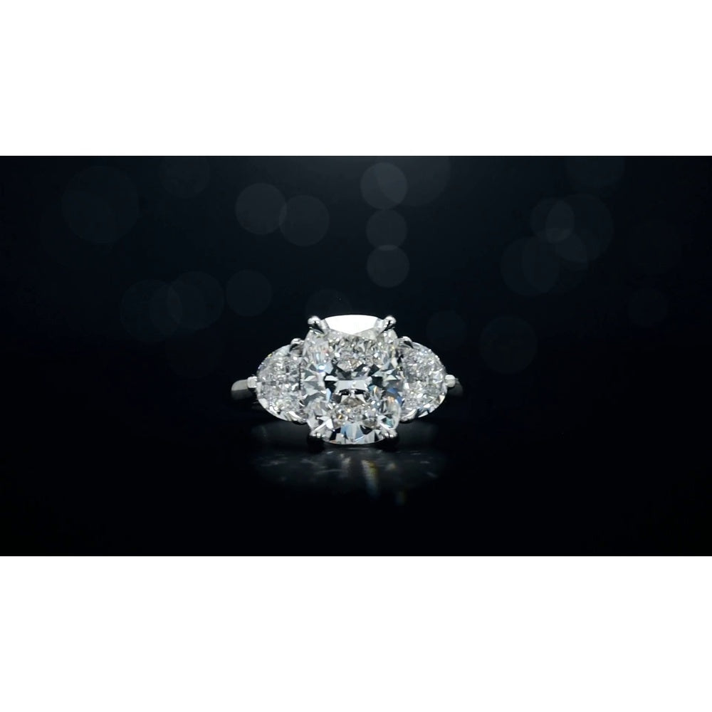 14K White Gold 3-Stone Ring with 4.06 Carat Cushion Modified Lab Diamond and 0.73 Carat Half-Moon Lab Diamonds - 4.79 Carat Total Weight, GIA Certified - Covaloro Fine Jewelry