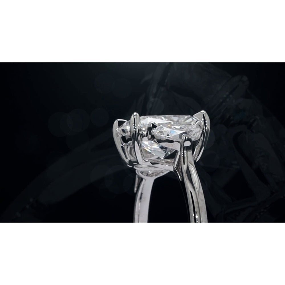 14K White Gold 3-Stone Ring with 4.06 Carat Cushion Modified Lab Diamond and 0.73 Carat Half-Moon Lab Diamonds - 4.79 Carat Total Weight, GIA Certified - Covaloro Fine Jewelry