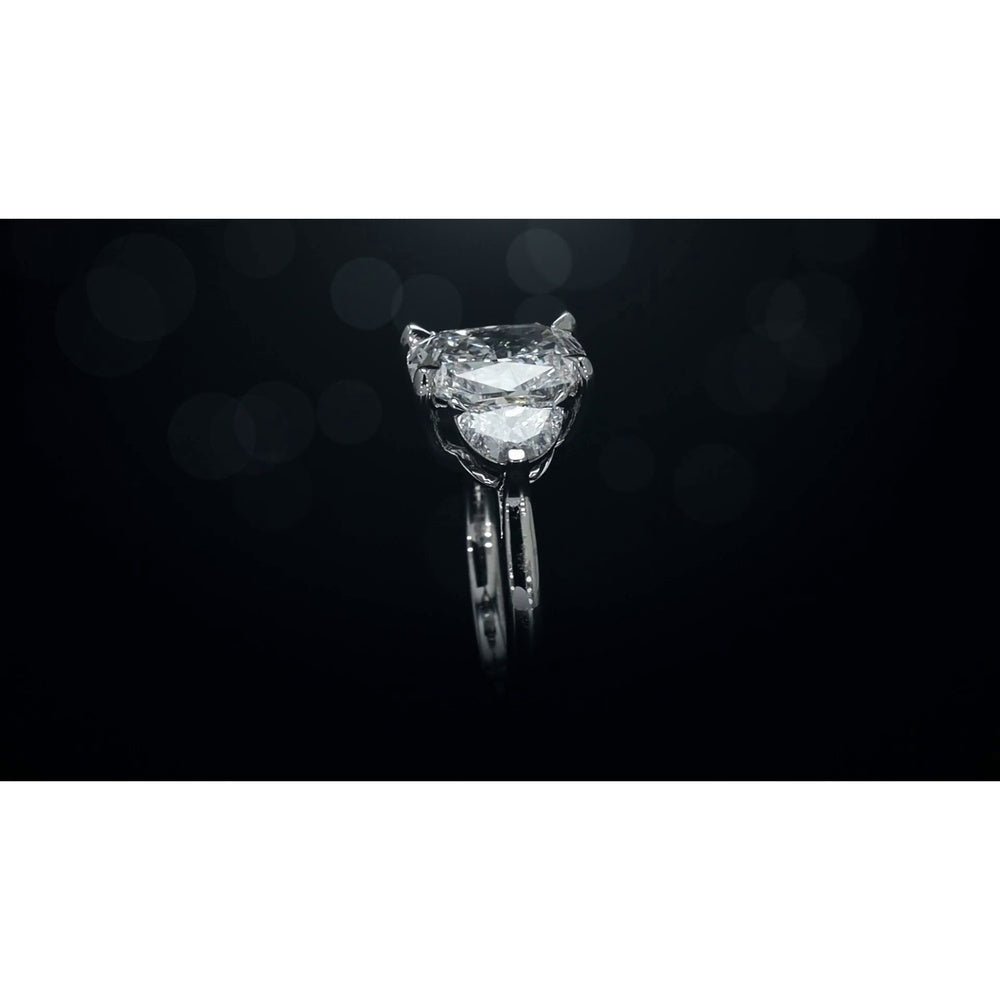 14K White Gold 3-Stone Ring with 4.06 Carat Cushion Modified Lab Diamond and 0.73 Carat Half-Moon Lab Diamonds - 4.79 Carat Total Weight, GIA Certified - Covaloro Fine Jewelry