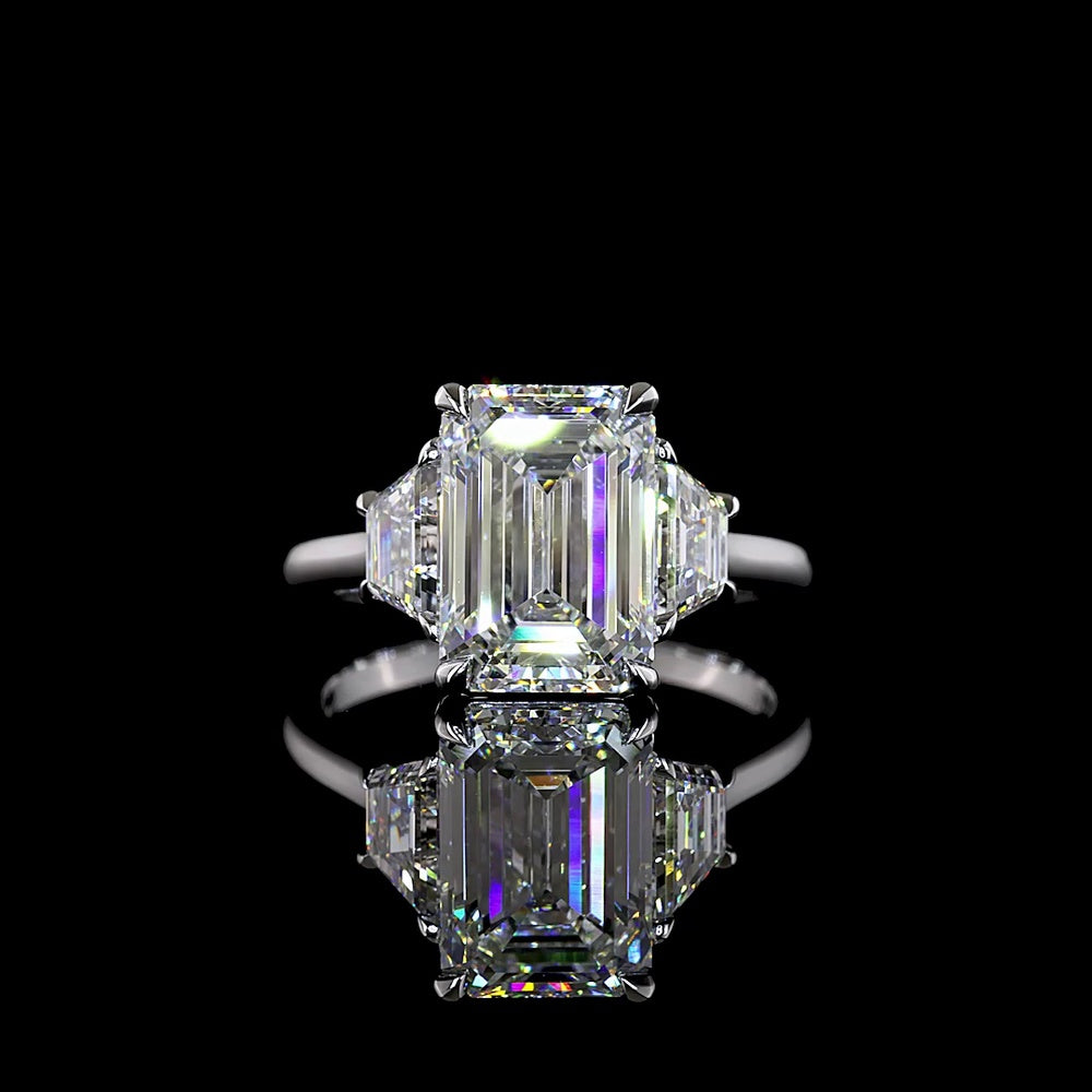 14K White Gold 3 Stone Ring with 4.14 Carat Emerald Cut Lab Diamond and 1.19 Carat Trapezoid Side Stones - 5.33 Carat Total Weight - Covaloro Fine Jewelry