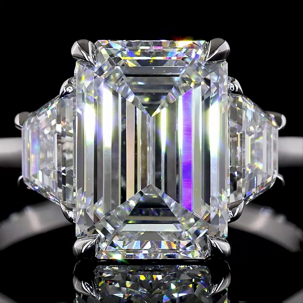 14K White Gold 3 Stone Ring with 4.14 Carat Emerald Cut Lab Diamond and 1.19 Carat Trapezoid Side Stones - 5.33 Carat Total Weight - Covaloro Fine Jewelry