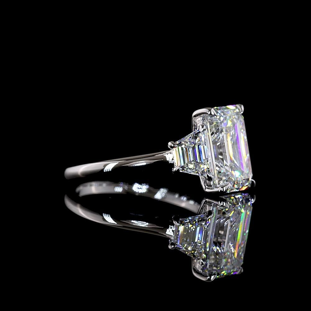 14K White Gold 3 Stone Ring with 4.14 Carat Emerald Cut Lab Diamond and 1.19 Carat Trapezoid Side Stones - 5.33 Carat Total Weight - Covaloro Fine Jewelry