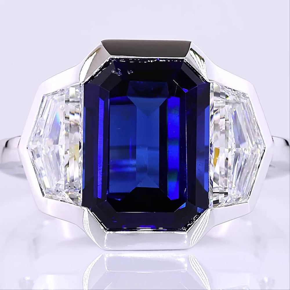 14K White Gold 3-Stone Ring with 6.48 Carats Emerald Cut Lab Blue Sapphire and 1.84 Carats Emerald Cut Lab Diamonds in Half-Bezel Setting - 8.32 Carats Total Gem Weight - Covaloro Fine Jewelry