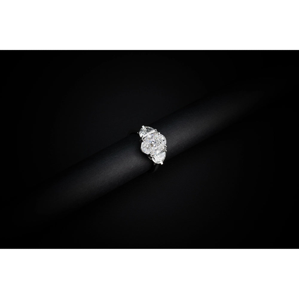 14K White Gold 3 Stone Ring with 7.00 Carat Oval Lab Diamond and Half-Moon Side Stones - 10.1 Carat Total Diamond Weight - Covaloro Fine Jewelry