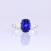 14K White Gold 3-Stone Ring with Cushion Brilliant Cut Lab-Grown Blue Sapphire and Tapered Baguette Diamonds - 3.72 Carat Total Gem Weight - Covaloro Fine Jewelry