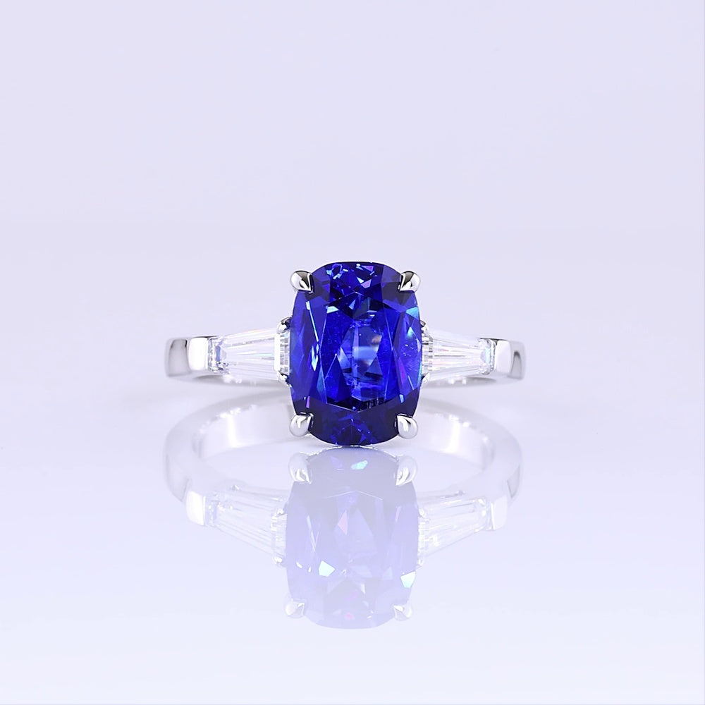 14K White Gold 3-Stone Ring with Cushion Brilliant Cut Lab-Grown Blue Sapphire and Tapered Baguette Diamonds - 3.72 Carat Total Gem Weight - Covaloro Fine Jewelry