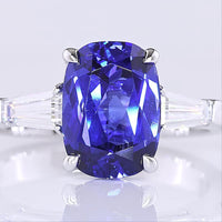 14K White Gold 3-Stone Ring with Cushion Brilliant Cut Lab-Grown Blue Sapphire and Tapered Baguette Diamonds - 3.72 Carat Total Gem Weight - Covaloro Fine Jewelry