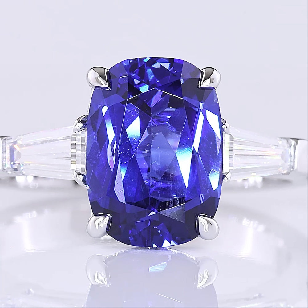 14K White Gold 3-Stone Ring with Cushion Brilliant Cut Lab-Grown Blue Sapphire and Tapered Baguette Diamonds - 3.72 Carat Total Gem Weight - Covaloro Fine Jewelry