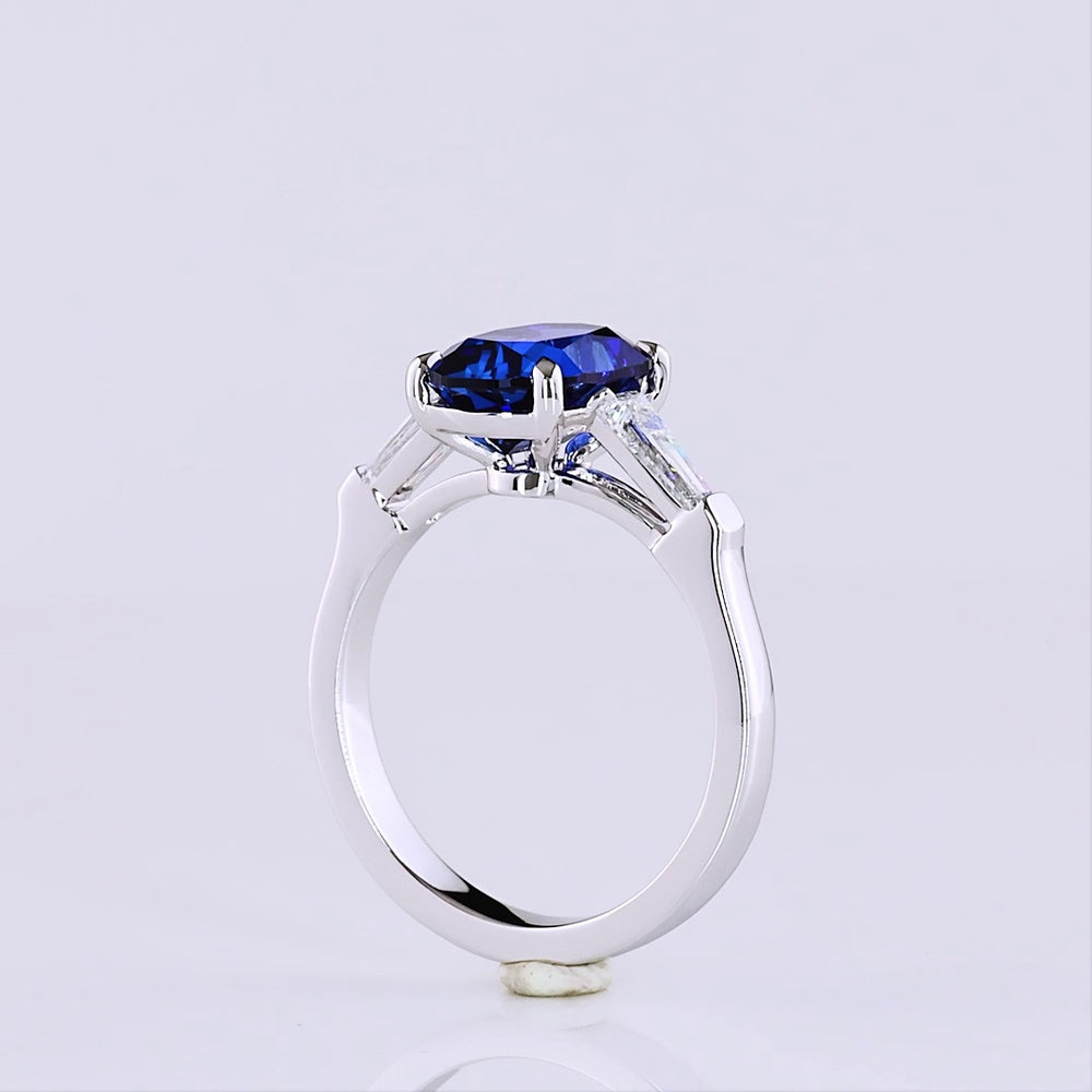 14K White Gold 3-Stone Ring with Cushion Brilliant Cut Lab-Grown Blue Sapphire and Tapered Baguette Diamonds - 3.72 Carat Total Gem Weight - Covaloro Fine Jewelry