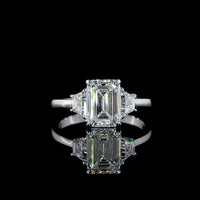 14K White Gold 3-Stone Ring with Emerald Cut Lab Diamond Center (2.07ct) and Trapezoid Side Stones (0.66ct) - 2.73 Carat Total Weight, E-F Color VS1 Clarity - Covaloro Fine Jewelry