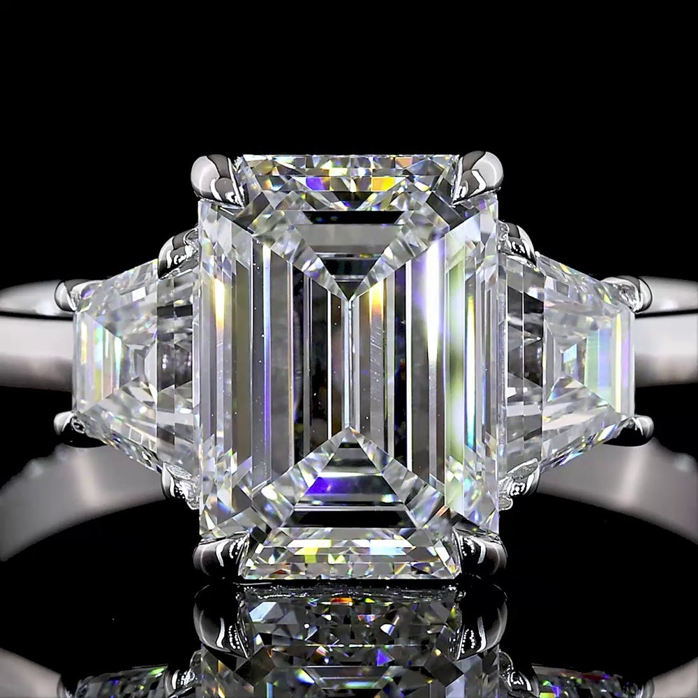 14K White Gold 3-Stone Ring with Emerald Cut Lab Diamond Center (2.07ct) and Trapezoid Side Stones (0.66ct) - 2.73 Carat Total Weight, E-F Color VS1 Clarity - Covaloro Fine Jewelry