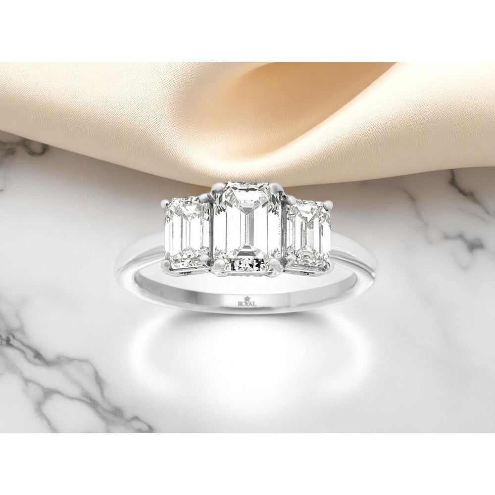 14K White Gold 3-Stone Ring with Emerald Cut Lab Grown Diamonds - 2.00 Carat Total Diamond Weight - Royal Jewelry