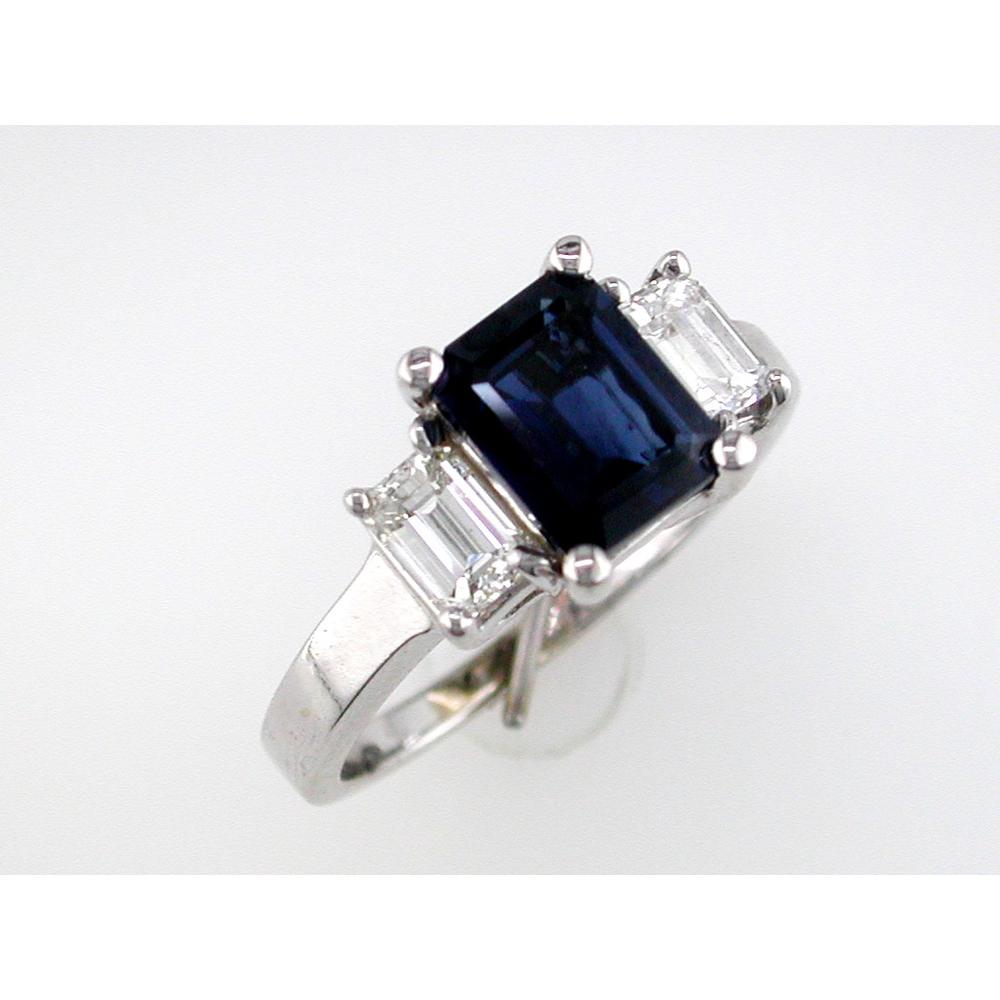 14K White Gold 3-Stone Ring with Emerald Cut Sapphire and Emerald Cut Diamonds - 2.10 Carat Sapphire and 0.75 Carat Total Diamond Weight - Royal Jewelry