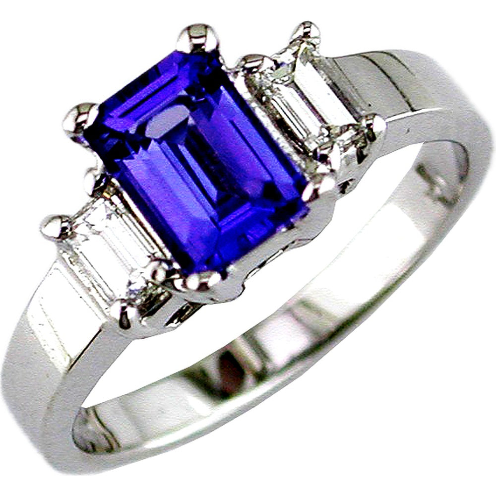 14K White Gold 3-Stone Ring with Emerald Cut Tanzanite and Baguette Diamonds - 1.00 Carat Tanzanite and 0.35 Carat Total Diamond Weight - Royal Jewelry