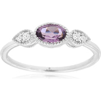 14K White Gold 3-Stone Ring with Oval Amethyst and Pear-Set Diamond Accents - 0.40 Carat Amethyst and 0.05 Carat Total Diamond Weight - Royal Jewelry
