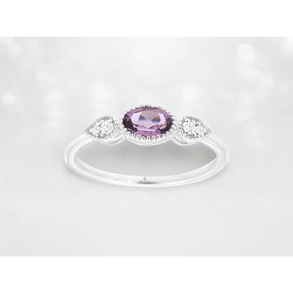 14K White Gold 3-Stone Ring with Oval Amethyst and Pear-Set Diamond Accents - 0.40 Carat Amethyst and 0.05 Carat Total Diamond Weight - Royal Jewelry