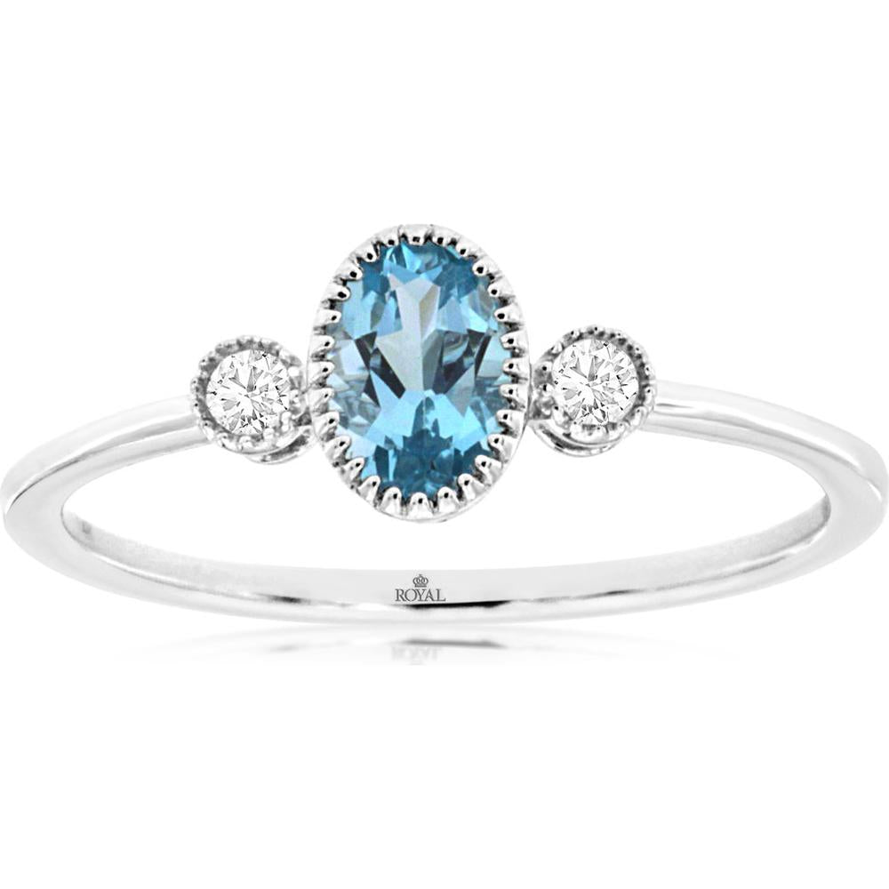 14K White Gold 3 Stone Ring with Oval Blue Topaz and Round Diamond Accents - 0.50 Carat Blue Topaz & 0.06 Carat Total Diamond Weight - Royal Jewelry
