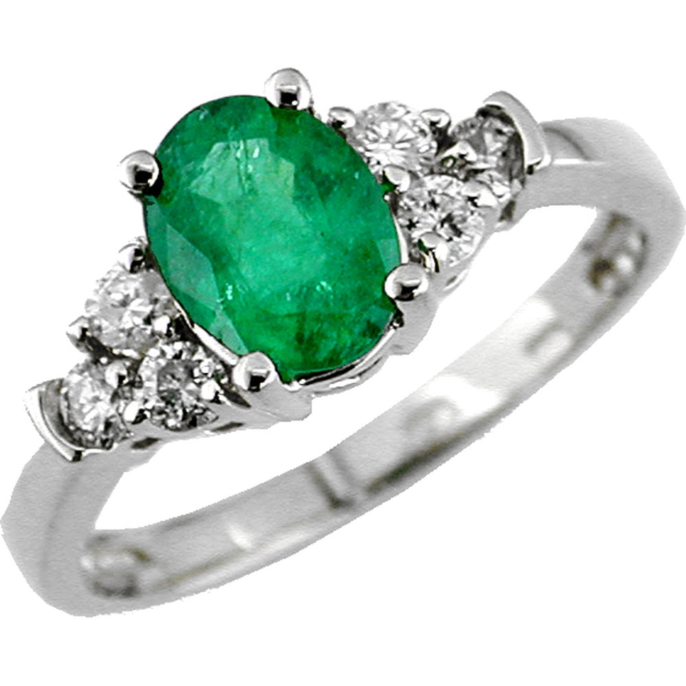 14K White Gold 3-Stone Ring with Oval Emerald and Round Diamonds - 1.10 Carat Emerald and 0.32 Carat Total Diamond Weight - Royal Jewelry