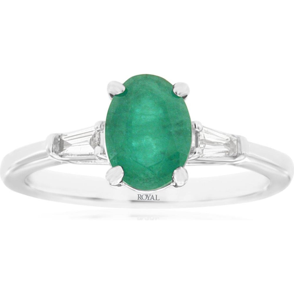 14K White Gold 3-Stone Ring with Oval Emerald and Tapered Baguette Diamonds - 1.10 Carat Emerald and 0.11 Carat Diamond Total Weight - Royal Jewelry