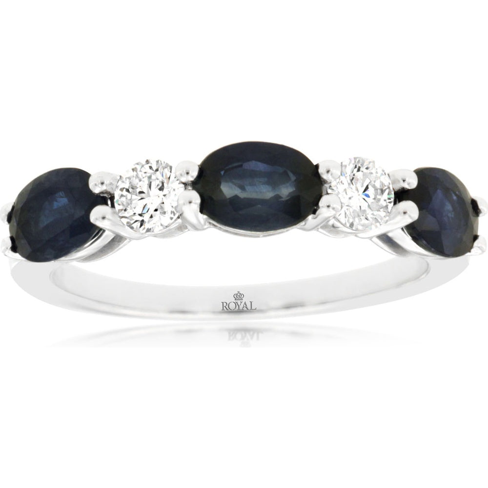 14K White Gold 3-Stone Ring with Oval Sapphire and Round Diamonds - 1.75 Carat Sapphire and 0.34 Carat Total Diamond Weight - Royal Jewelry