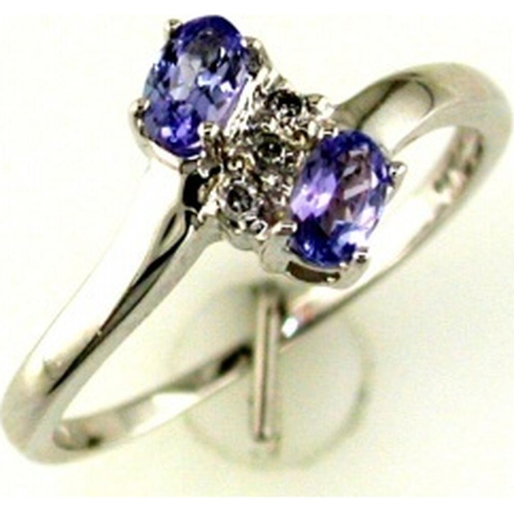 14K White Gold 3-Stone Ring with Oval Tanzanites and Round Diamond Accent - 0.44 Total Carat Weight - Royal Jewelry