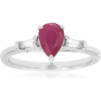 14K White Gold 3-Stone Ring with Pear-Shaped Ruby and Baguette Diamonds - 0.75 Carat Ruby and 0.11 Carat Total Diamond Weight - Royal Jewelry