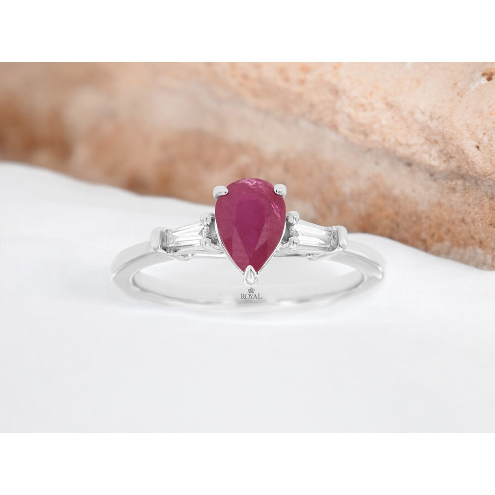 14K White Gold 3-Stone Ring with Pear-Shaped Ruby and Baguette Diamonds - 0.75 Carat Ruby and 0.11 Carat Total Diamond Weight - Royal Jewelry