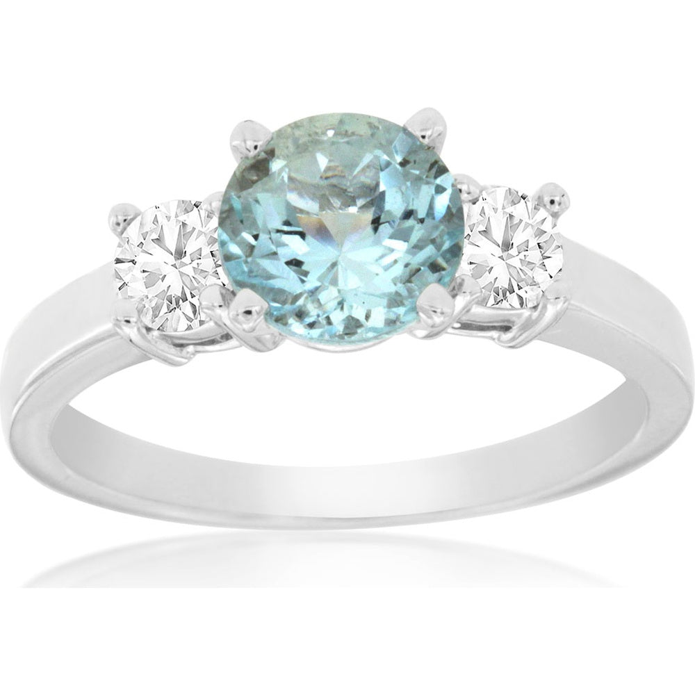 14K White Gold 3-Stone Ring with Round Aquamarine and Diamond Accents - 1.15 Carat Aquamarine and 0.50 Carat Total Diamond Weight - Royal Jewelry