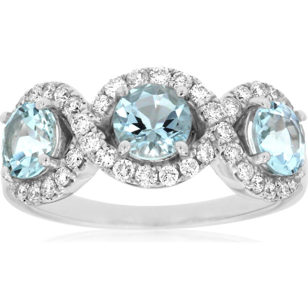 14K White Gold 3-Stone Round Aquamarine and Diamond Halo Ring - 1.35 Carat Aquamarine, 0.45 Carat Diamond - Royal Jewelry