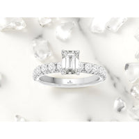 14K White Gold 3-Stone Style Engagement Ring with Emerald Cut Lab Grown Center Diamond and Round Accents - 2.00 Carat Total Diamond Weight - Royal Jewelry