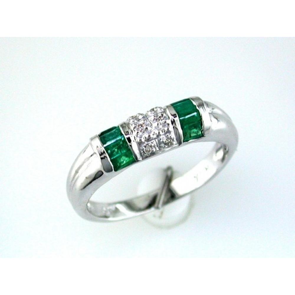 14K White Gold 3-Stone Style Ring with Baguette Cut Emeralds and Round Diamond Cluster - 0.52 Carat Emerald Total Weight, 0.03 Carat Diamond Total Weight - Royal Jewelry