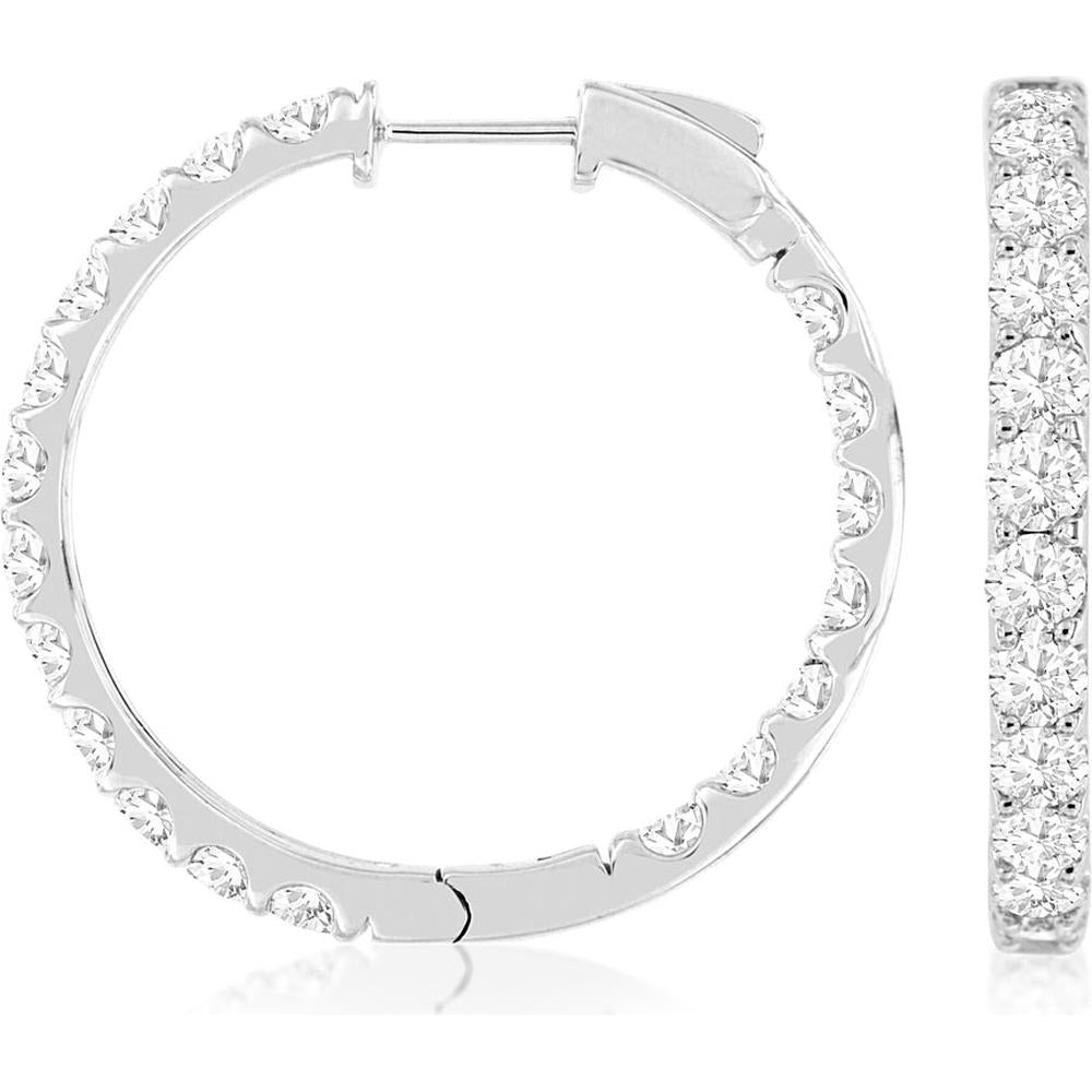 14K White Gold 30mm Diamond Hoop Earrings with Shared-Prong Set Round Brilliant Diamonds - 5.00 Carat Total Diamond Weight - Royal Jewelry