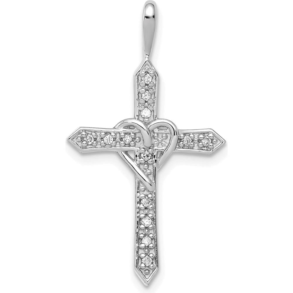 14K White Gold 30mm Heart Cross Pendant with Prong Set Round Diamonds - 0.10 Carat Total Diamond Weight by Monteluci Fine Jewelry