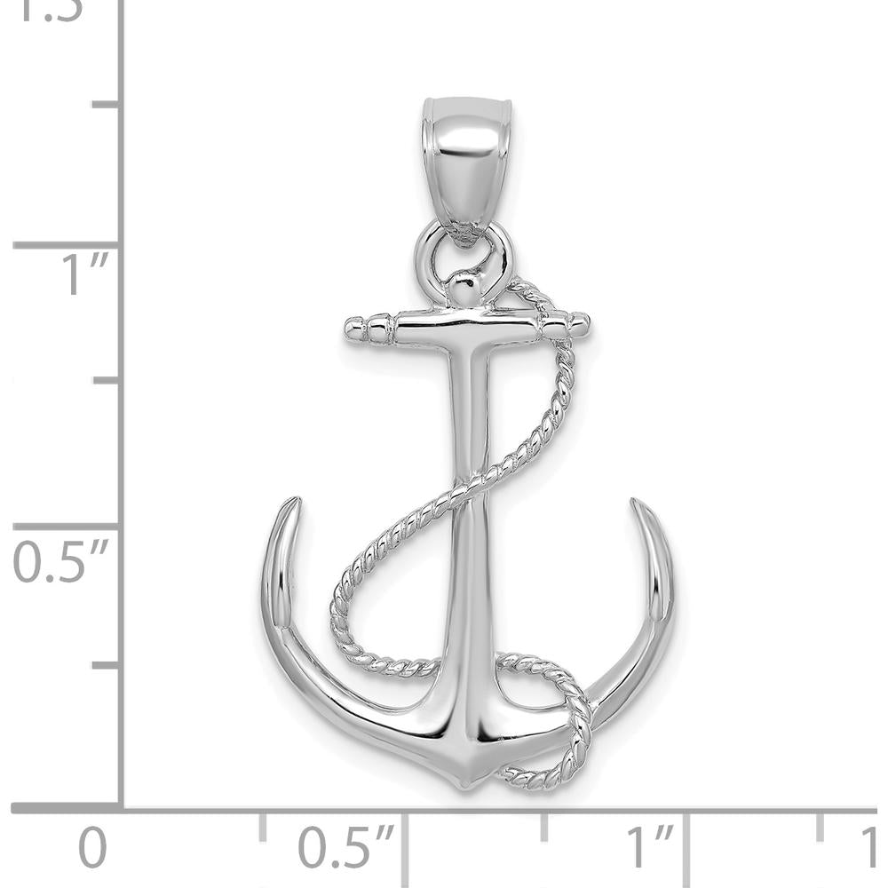 14K White Gold 31.75mm Polished and Textured Anchor Pendant with Rope Detail by Oro Pregiato